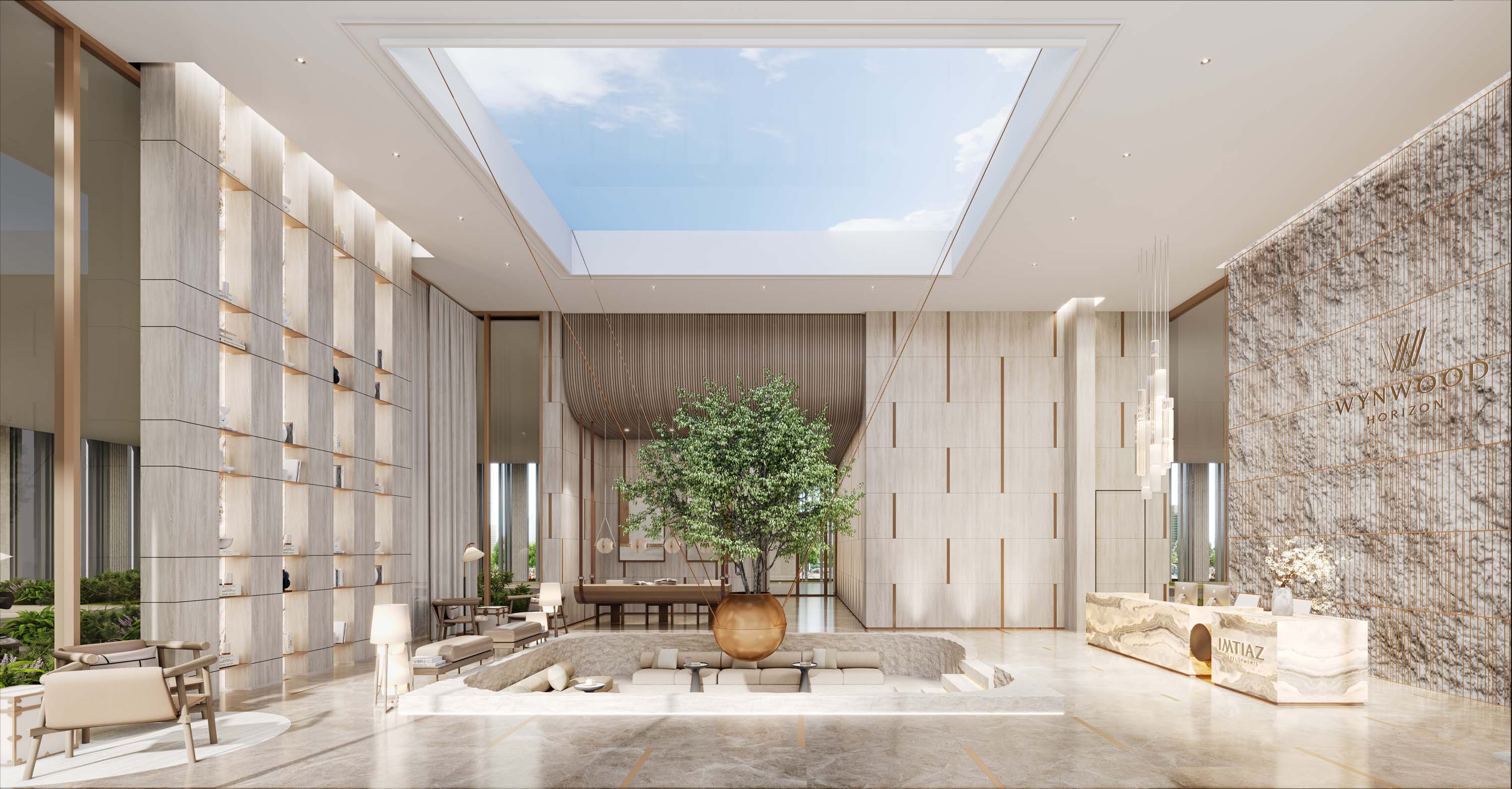 Wynwood Horizon By Imtiaz A modern lobby with elegant decor, a large tree centerpiece, natural lighting, and a reception desk.